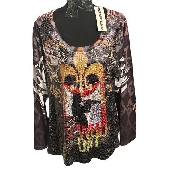 Under Glass “Who Dat” New Orleans Themed Sequined Blouse Women’s Medium - Picture 1 of 10